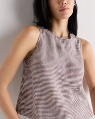 100% European Linen Cropped Tank - XS / Taupe Brown Gingham