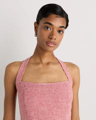 100% European Linen Halter Top - XS / Red Classic Mini Gingham