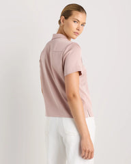 Washable Stretch Silk Short Sleeve Notch Collar Blouse - XS / Vintage Pink