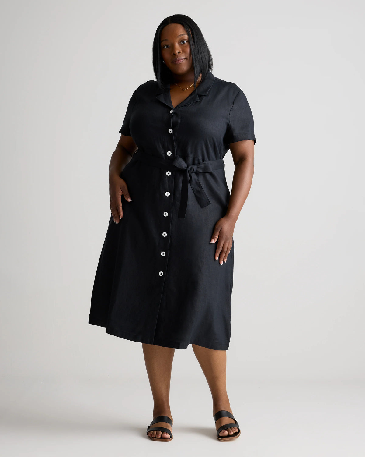 100% European Linen Button Front Dress - 1X / Blue Pinstripe