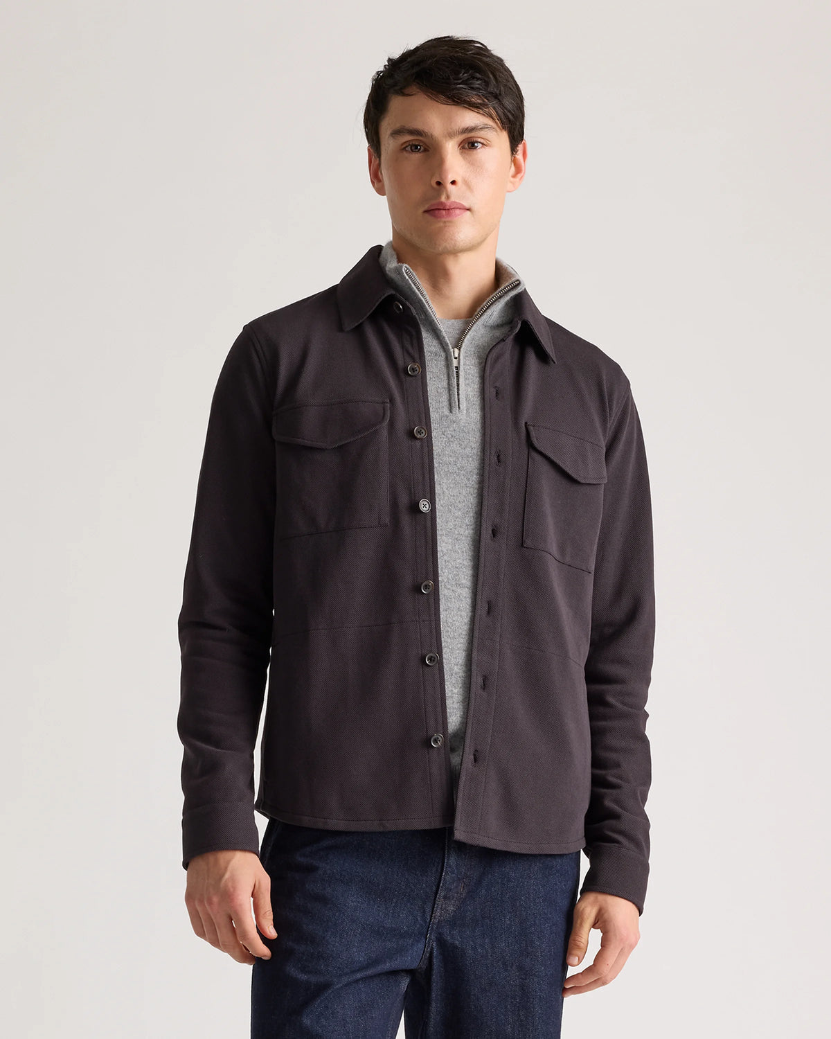 Cotton Pique Knit Overshirt - XS / Heather Charcoal