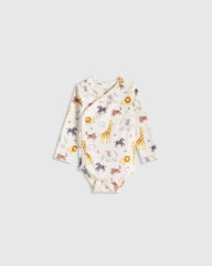 100% Organic Cotton Long Sleeve Kimono Bodysuit - 0-3M / Safari