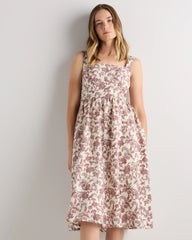 100% European Linen Fit & Flare Midi Dress - XS / Brick Red Heirloom Floral