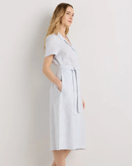 100% European Linen Button Front Dress - XS / Sky Blue Mariner Stripe