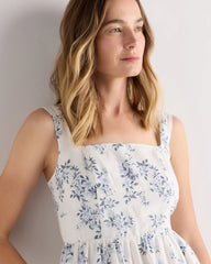 100% European Linen Fit & Flare Midi Dress - XS / Ivory Porcelain Blue Petite Floral