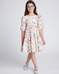 100% Cotton Poplin Puff Sleeve Dress - 12 / Confetti Dot