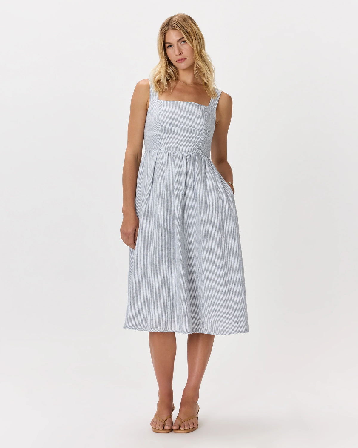 100% European Linen Fit & Flare Midi Dress - XS / Ivory Porcelain Blue Petite Floral
