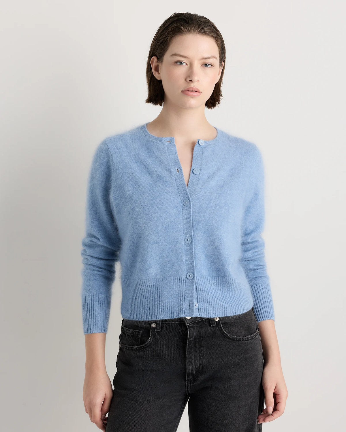 Brushed Cashmere Cropped Crewneck Cardigan - XS / Heather Grey