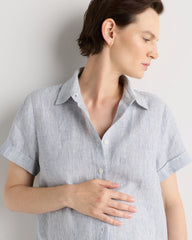 100% European Linen Maternity Camp Shirt - XS / Blue Pinstripe