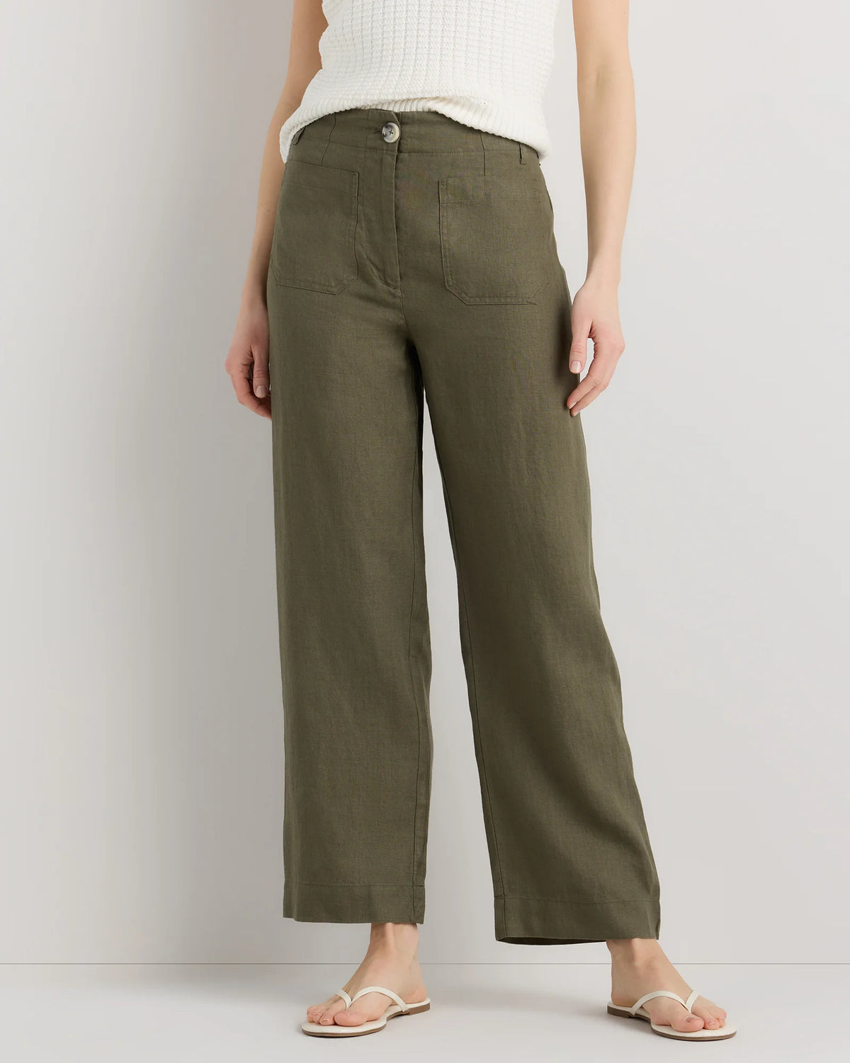 100% European Linen Patch Pocket Wide Leg Pants - 0 / Taupe Brown Chambray