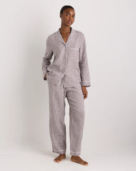 100% European Linen Long Sleeve Pajama Set with Piping - XS / Taupe Brown Gingham