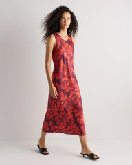 Washable Stretch Silk Tank Midi Dress - XS / Cordovan Red Hibiscus