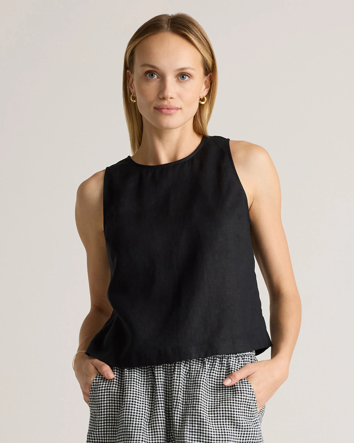 100% European Linen Cropped Tank - XS / Taupe Brown Gingham