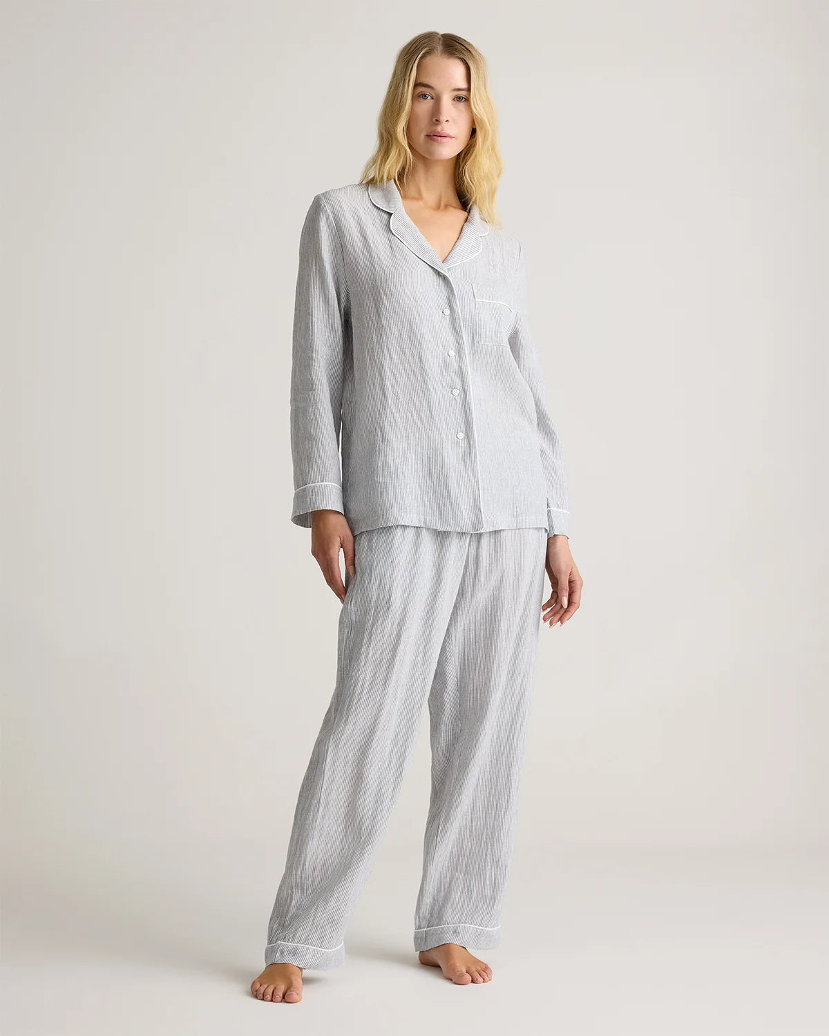 100% European Linen Long Sleeve Pajama Set with Piping - XS / Taupe Brown Gingham