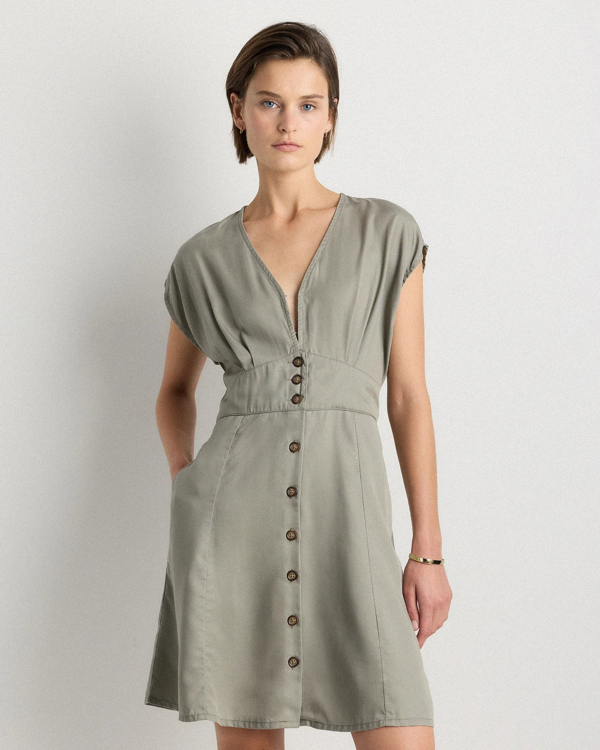 Vintage Wash Tencel Button Front Dress - XS / Taupe Brown