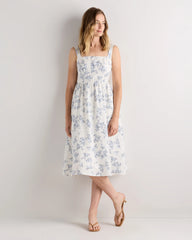 100% European Linen Fit & Flare Midi Dress - XS / Ivory Porcelain Blue Petite Floral