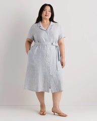 100% European Linen Button Front Dress - 1X / Blue Pinstripe