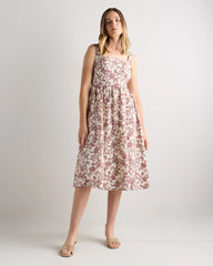 100% European Linen Fit & Flare Midi Dress - XS / Brick Red Heirloom Floral