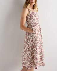 100% European Linen Fit & Flare Midi Dress - XS / Brick Red Heirloom Floral