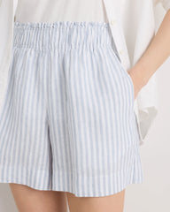 100% European Linen High Waisted Shorts - XS / Sky Blue Mariner Stripe