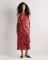 Washable Stretch Silk Tank Midi Dress - XS / Cordovan Red Hibiscus