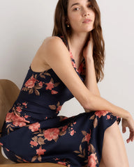 Washable Stretch Silk High Neck Midi Dress - XS / Vintage Navy Roses
