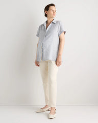 100% European Linen Maternity Camp Shirt - XS / Blue Pinstripe